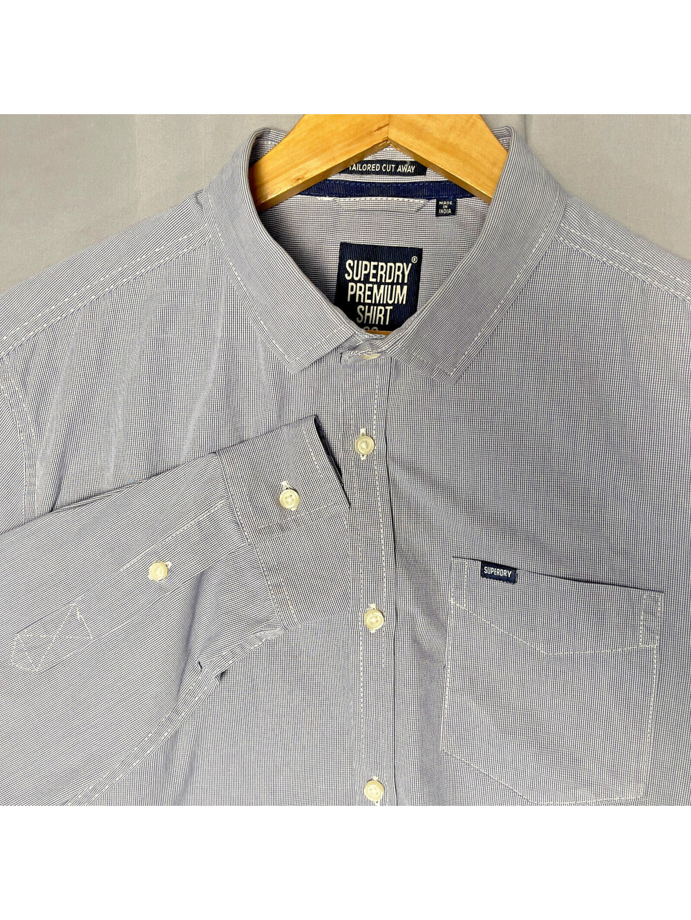 SUPERDRY Mens XL Tailored Long Sleeve Micro Check Shirt Blue White Heavy Duty